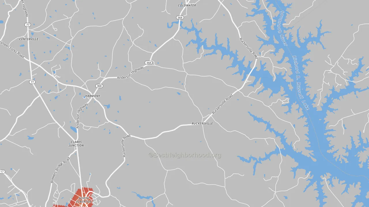 Walk Grade map of Ruckersville, GA, walkable areas in green and car-dependent areas in red