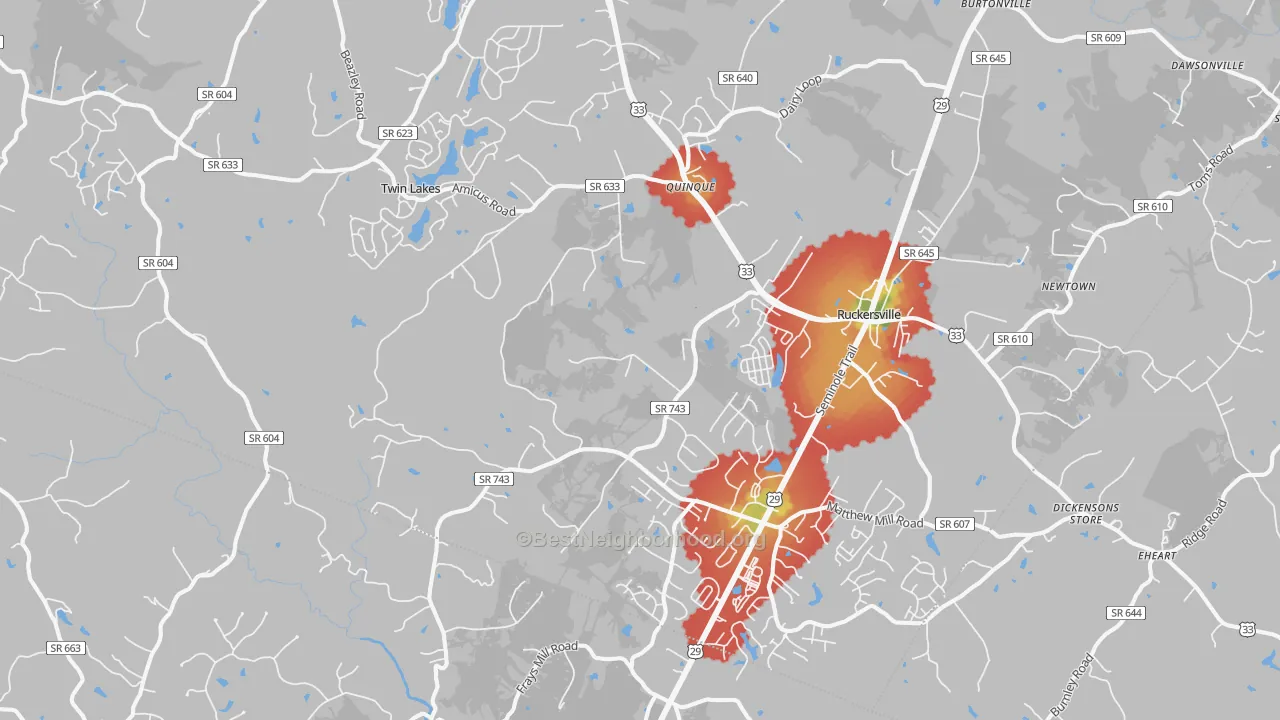 Walk Grade map of Ruckersville, VA, walkable areas in green and car-dependent areas in red