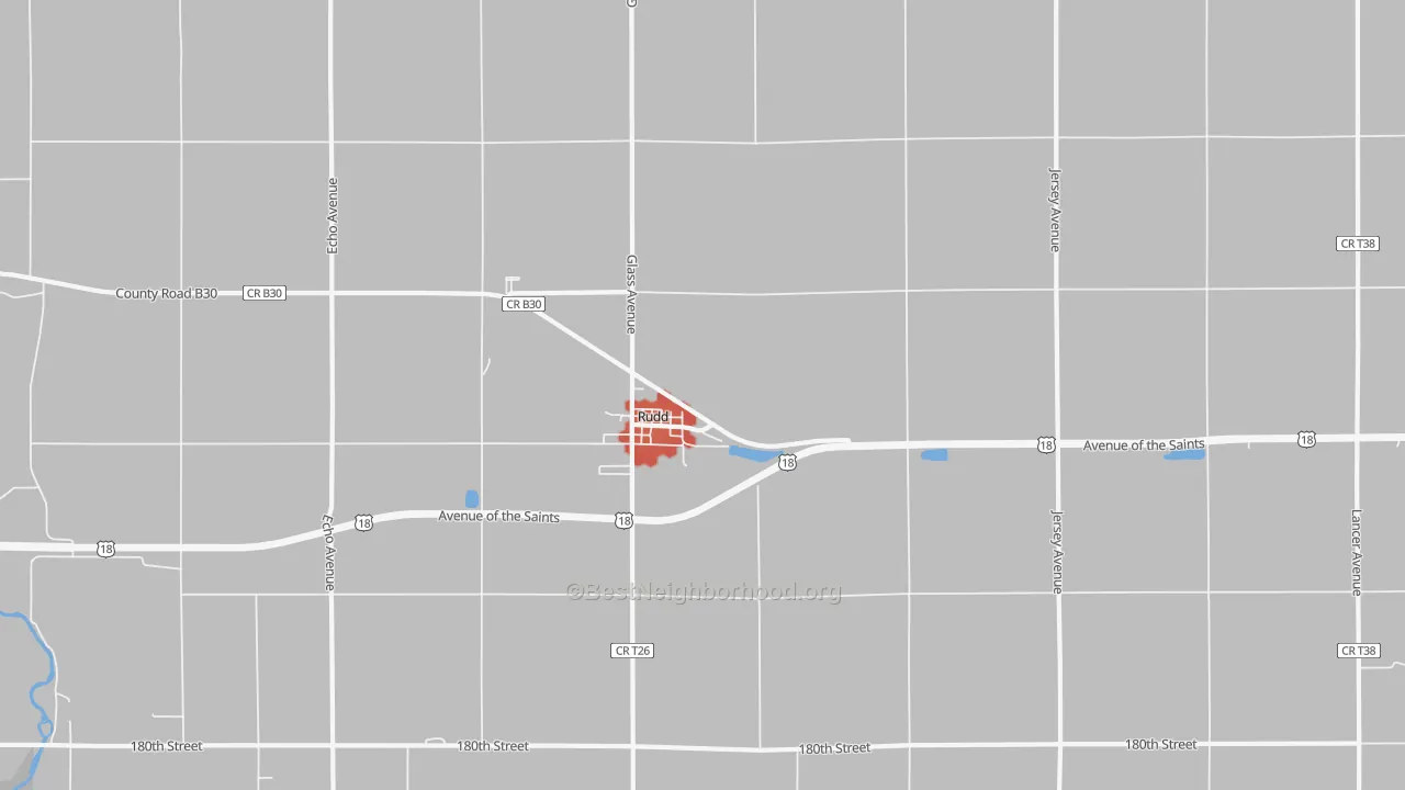 Walk Grade map of Rudd, IA, walkable areas in green and car-dependent areas in red