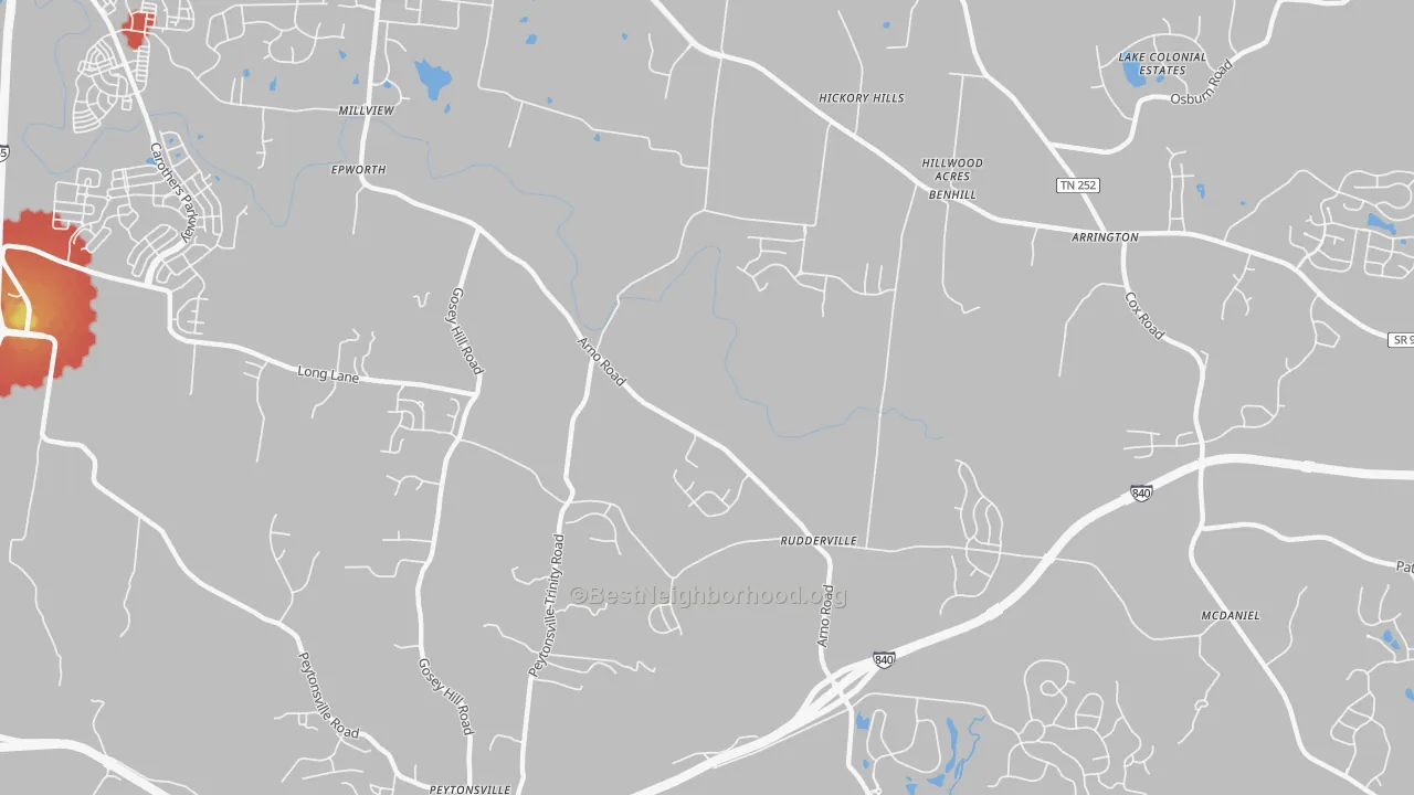 Walk Grade map of Rudderville, TN, walkable areas in green and car-dependent areas in red