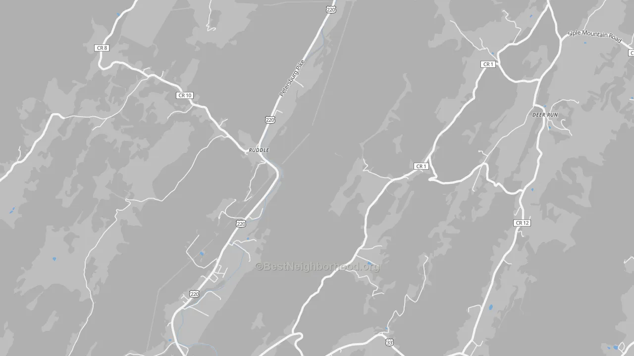 Walk Grade map of Ruddle, WV, walkable areas in green and car-dependent areas in red