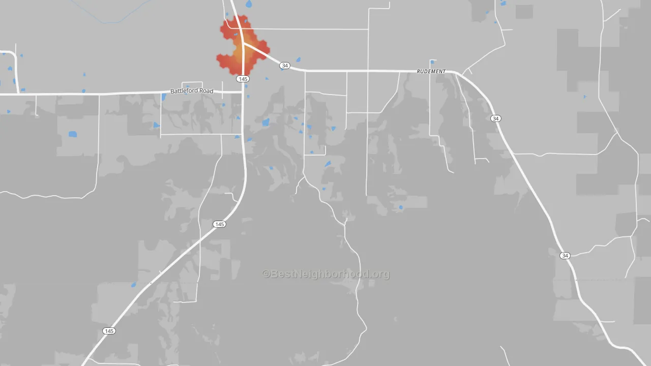 Walk Grade map of Rudement, IL, walkable areas in green and car-dependent areas in red