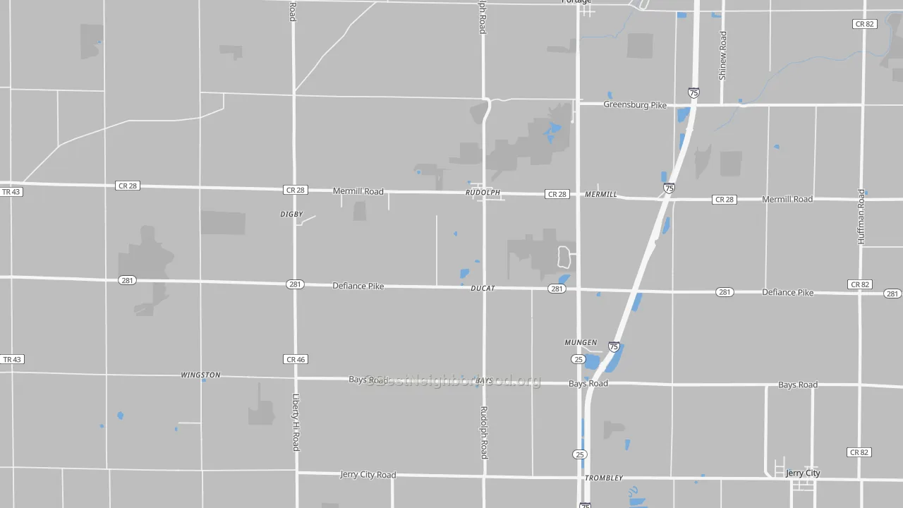 Walk Grade map of Rudolph, OH, walkable areas in green and car-dependent areas in red