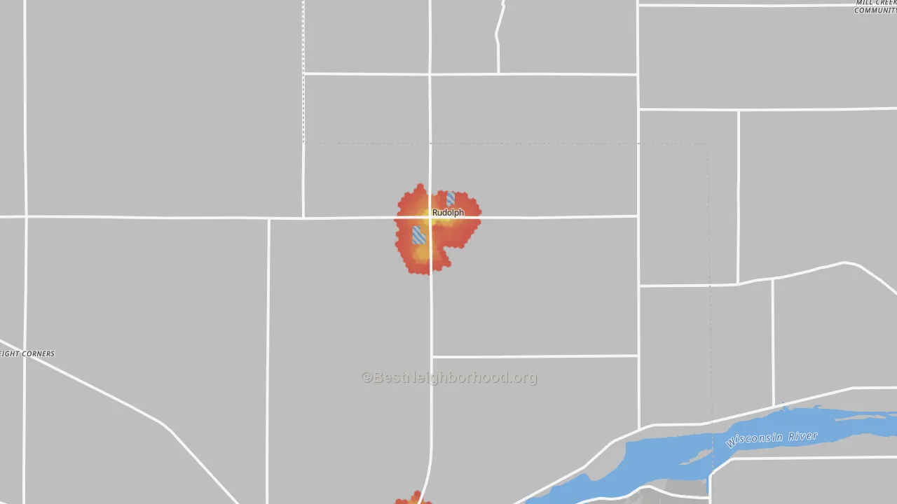 Walk Grade map of Rudolph, WI, walkable areas in green and car-dependent areas in red