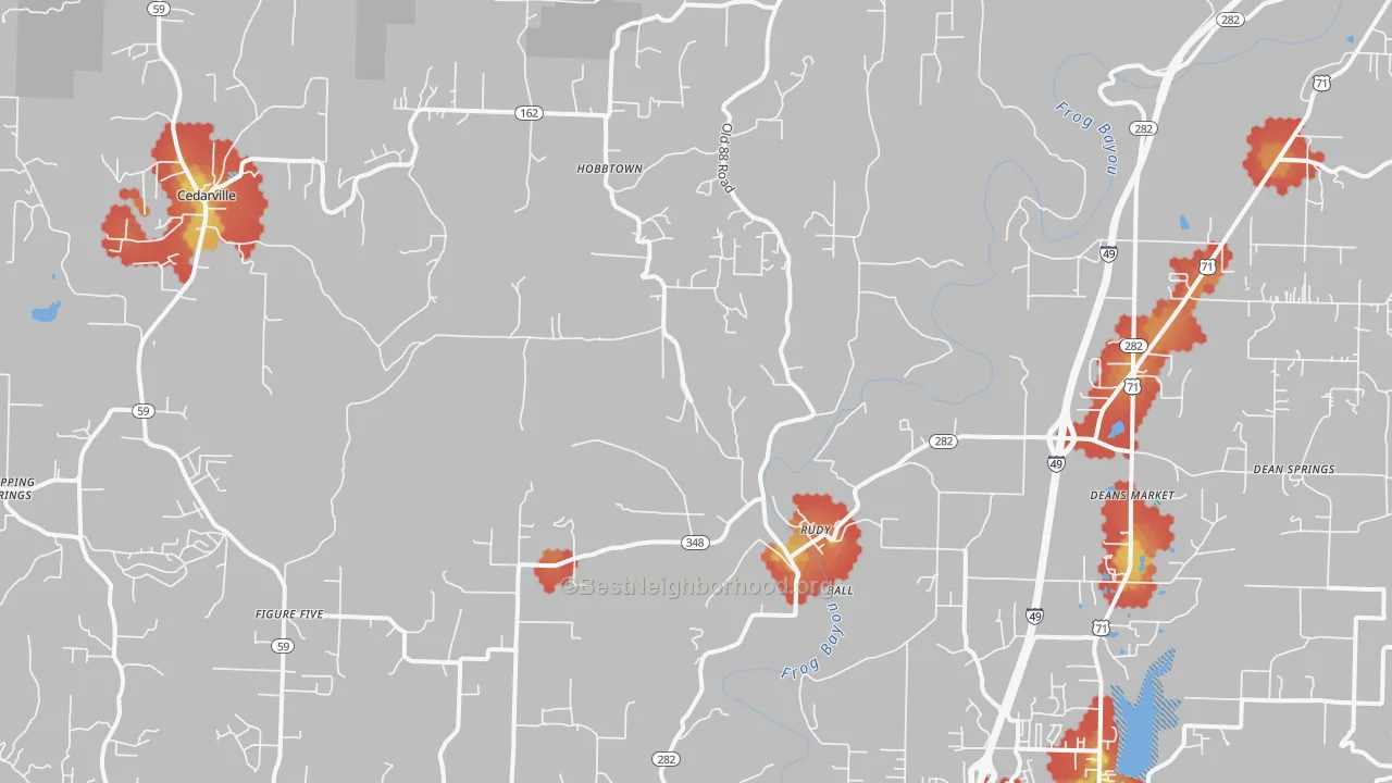 Walk Grade map of Rudy, AR, walkable areas in green and car-dependent areas in red