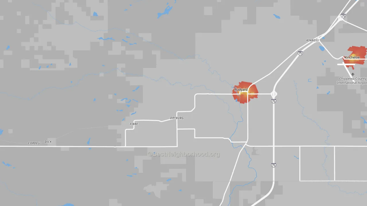 Walk Grade map of Rudyard, MI, walkable areas in green and car-dependent areas in red