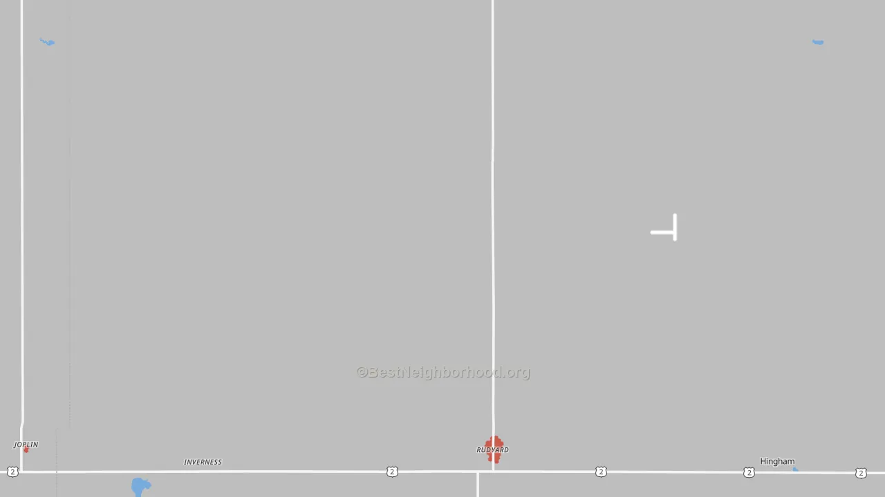 Walk Grade map of Rudyard, MT, walkable areas in green and car-dependent areas in red