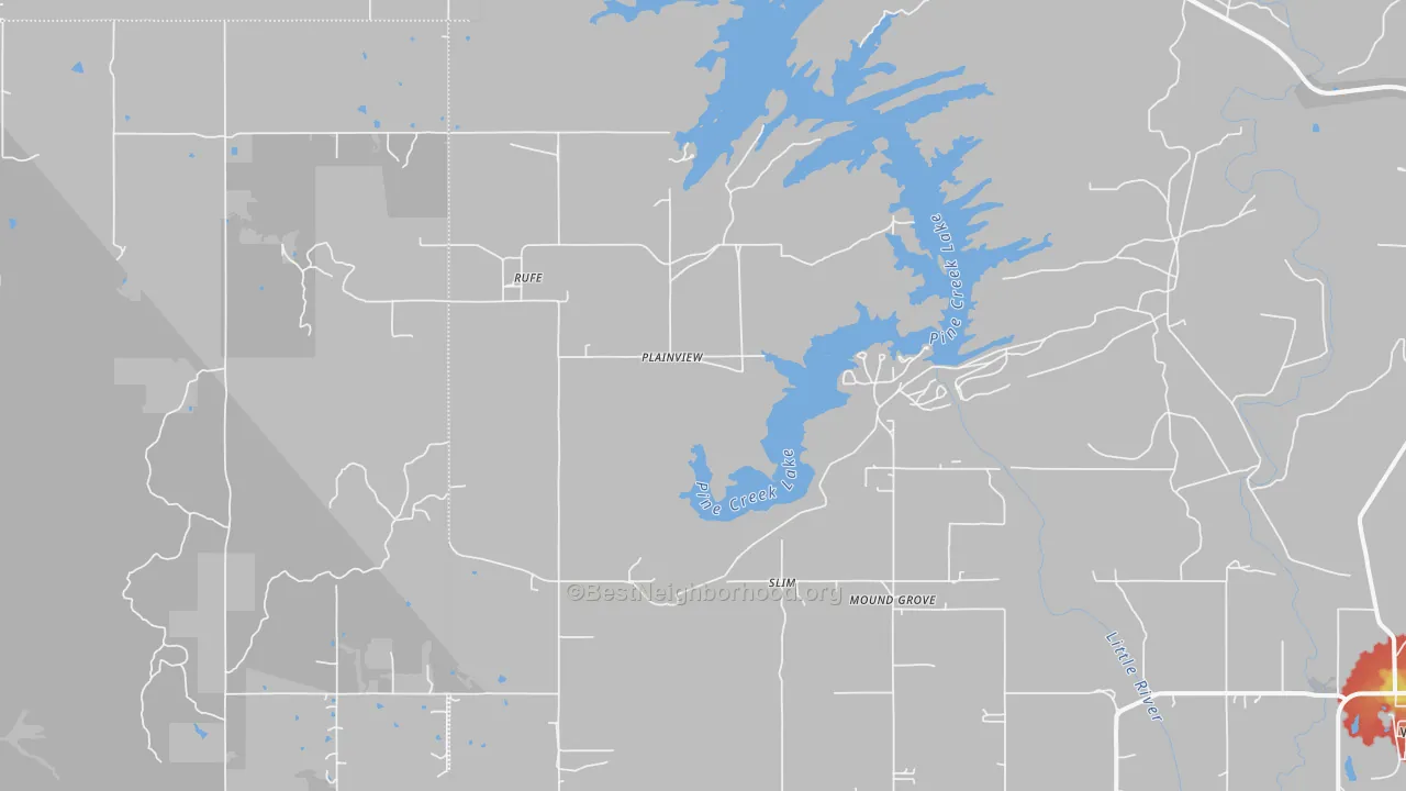Walk Grade map of Rufe, OK, walkable areas in green and car-dependent areas in red