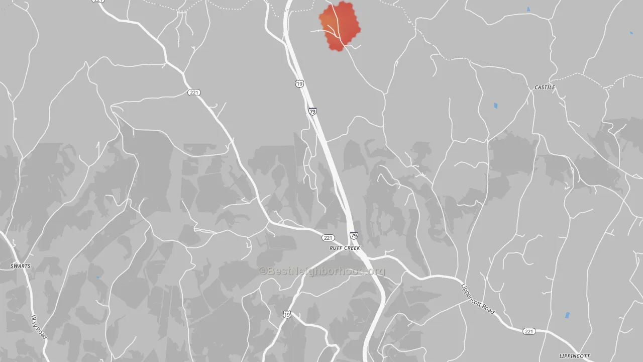 Walk Grade map of Ruff Creek, PA, walkable areas in green and car-dependent areas in red