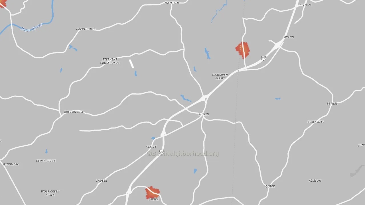 Walk Grade map of Ruffin, NC, walkable areas in green and car-dependent areas in red