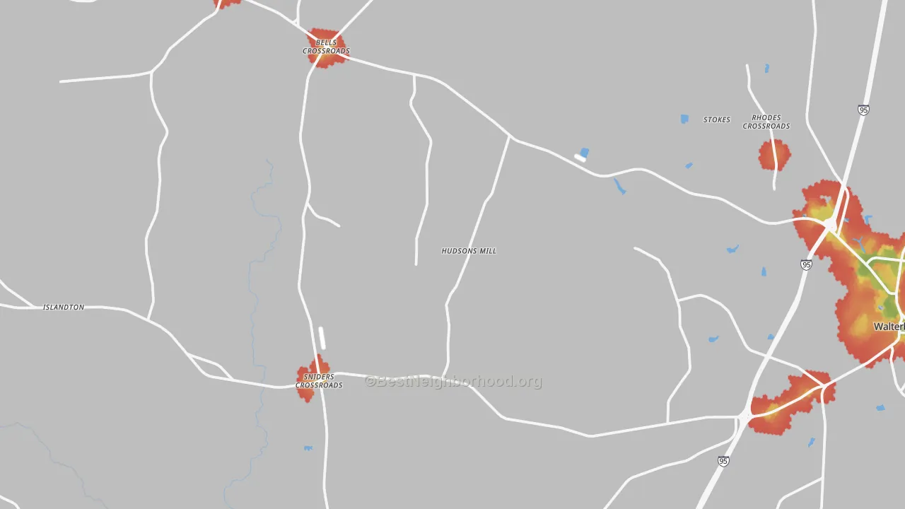 Walk Grade map of Ruffin, SC, walkable areas in green and car-dependent areas in red