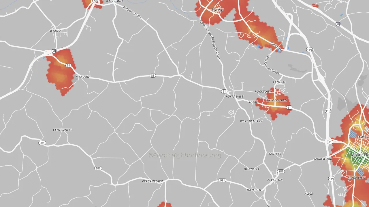 Walk Grade map of Ruffsdale, PA, walkable areas in green and car-dependent areas in red