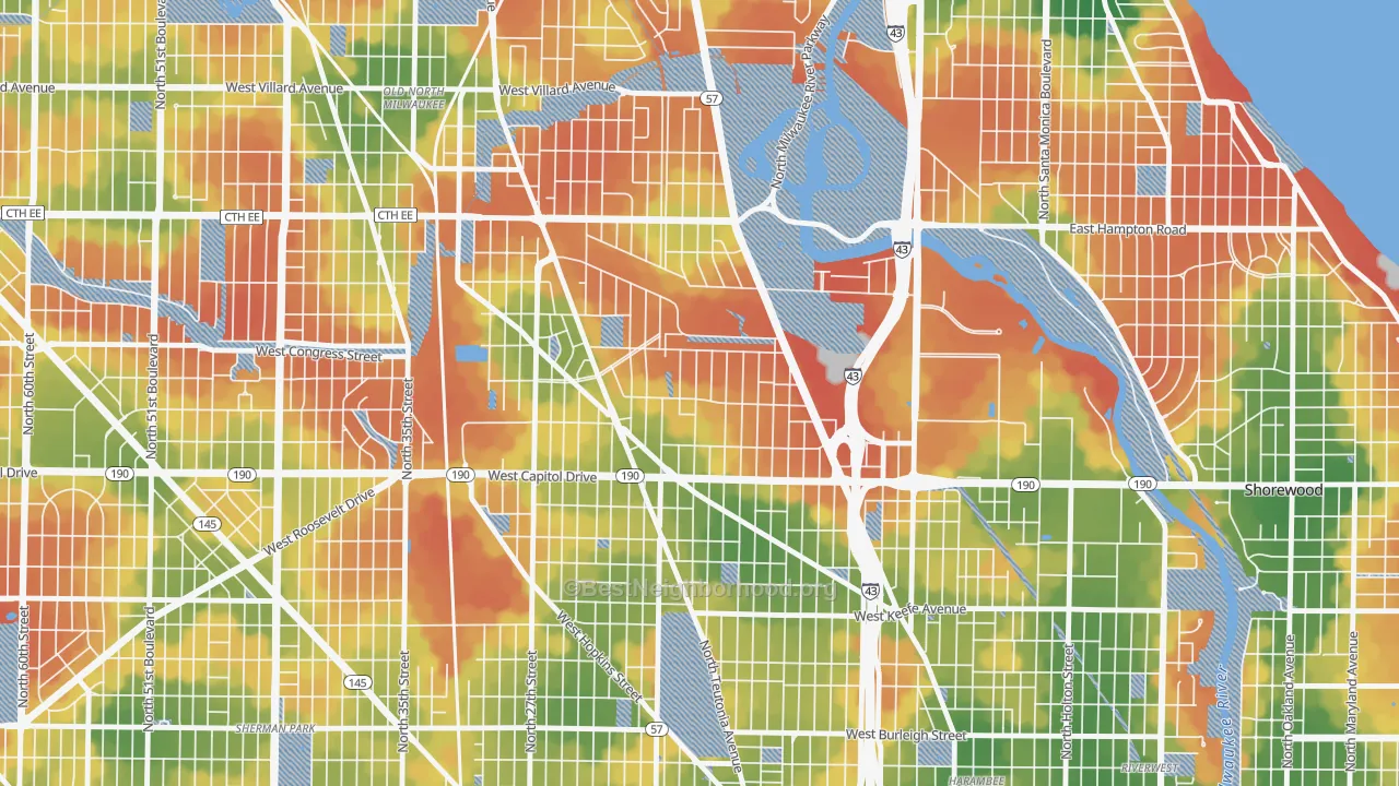 Walk Grade map of Rufus King, Milwaukee, WI, walkable areas in green and car-dependent areas in red