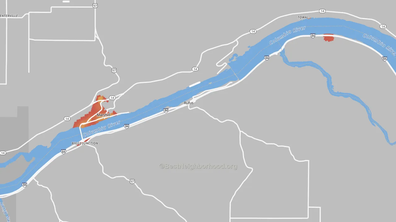 Walk Grade map of Rufus, OR, walkable areas in green and car-dependent areas in red