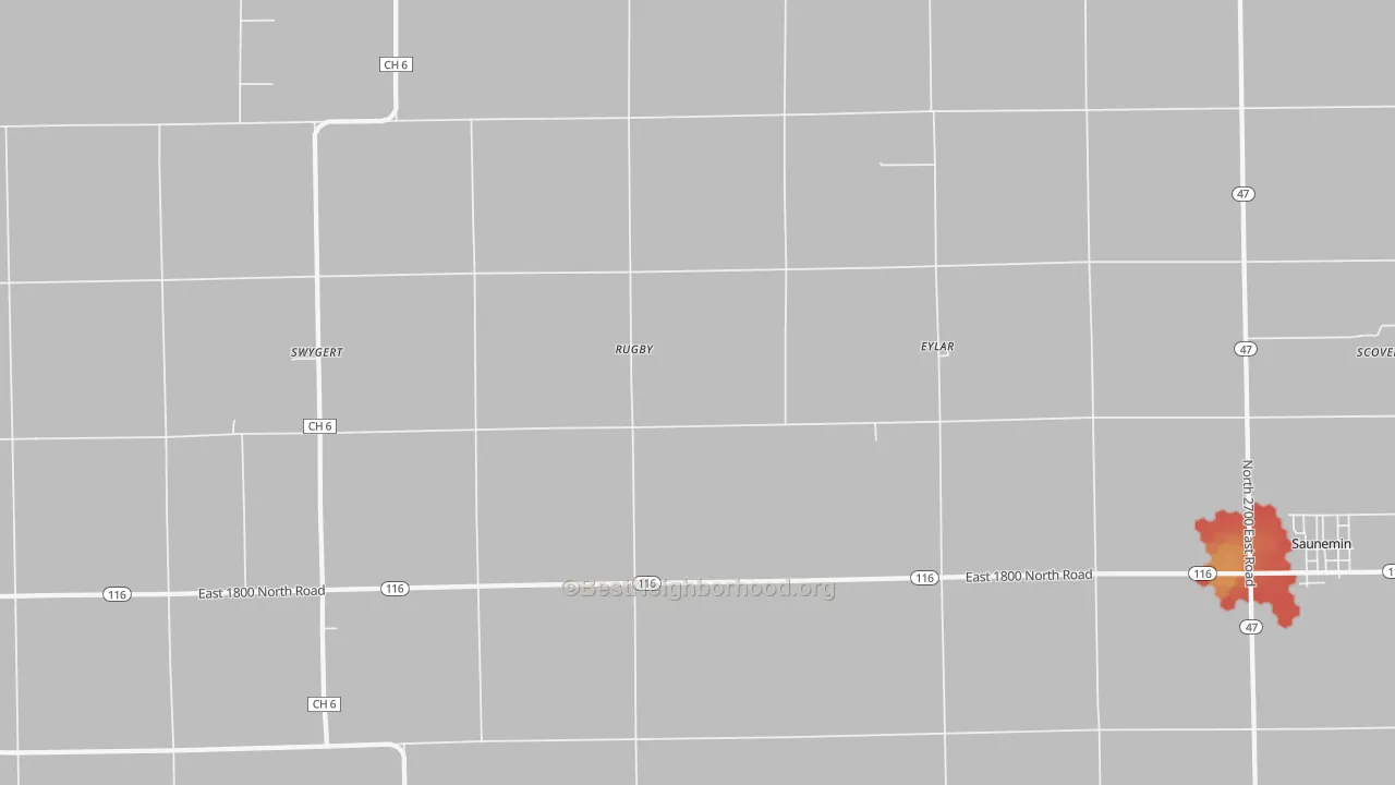 Walk Grade map of Rugby, IL, walkable areas in green and car-dependent areas in red