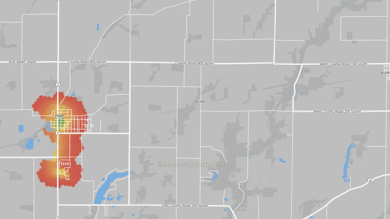 Walk Grade map of Rugby, IN, walkable areas in green and car-dependent areas in red