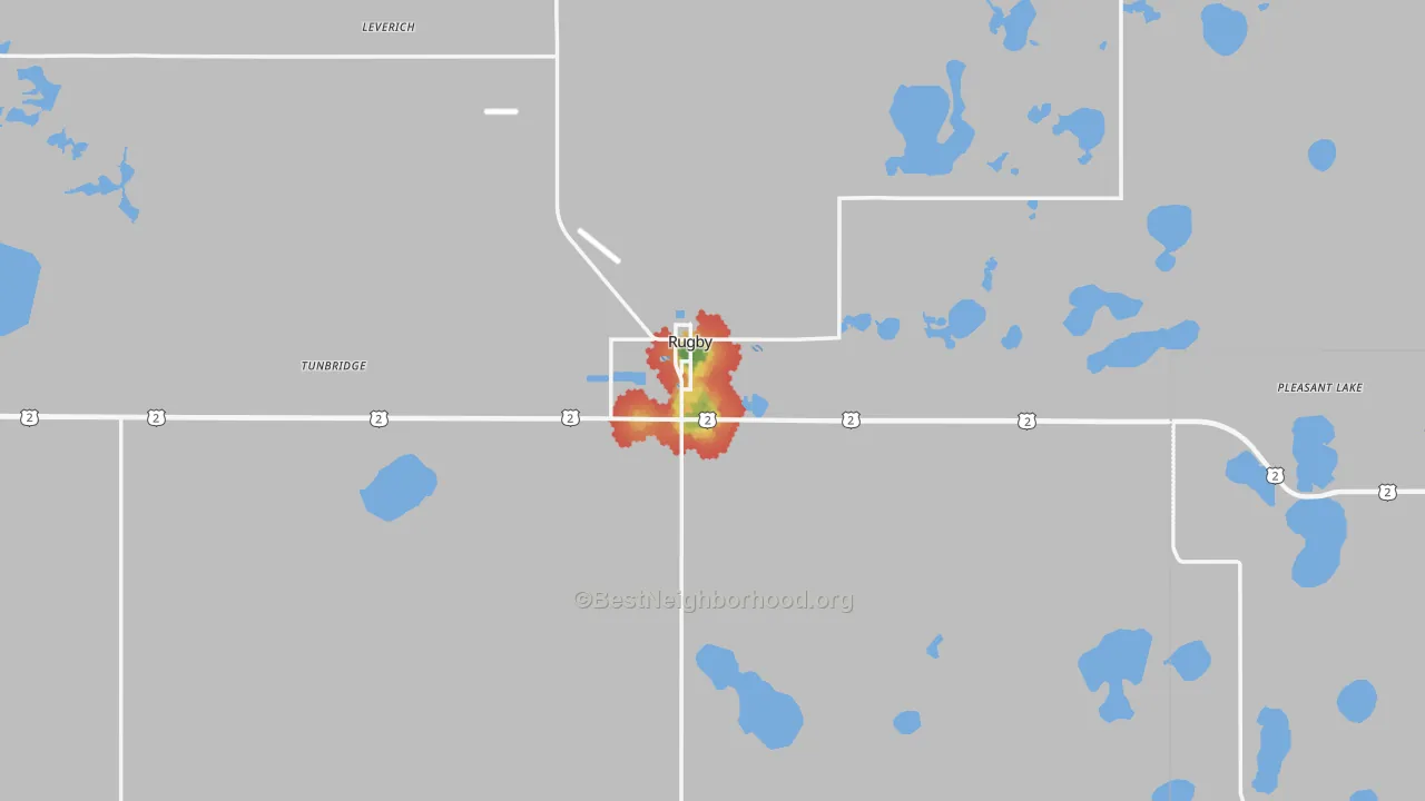 Walk Grade map of Rugby, ND, walkable areas in green and car-dependent areas in red