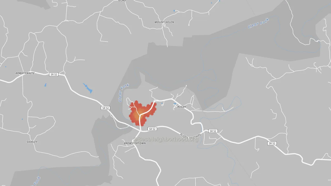 Walk Grade map of Rugby, TN, walkable areas in green and car-dependent areas in red