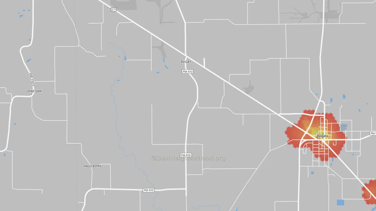 Walk Grade map of Rugby, TX, walkable areas in green and car-dependent areas in red