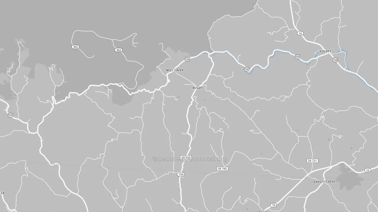 Walk Grade map of Rugby, VA, walkable areas in green and car-dependent areas in red