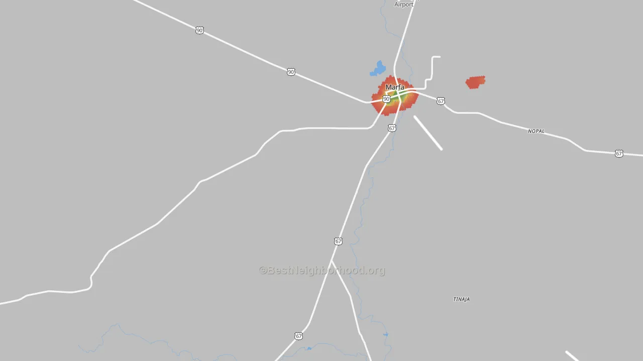 Walk Grade map of Ruidosa, TX, walkable areas in green and car-dependent areas in red