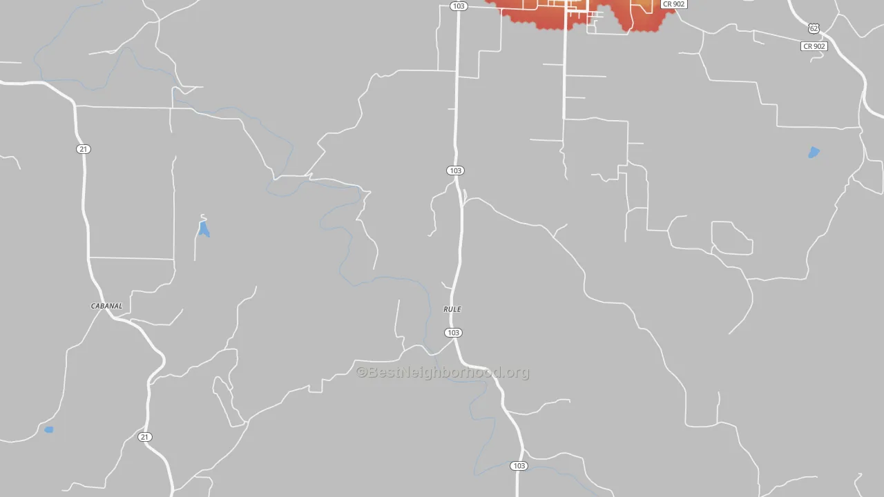 Walk Grade map of Rule, AR, walkable areas in green and car-dependent areas in red