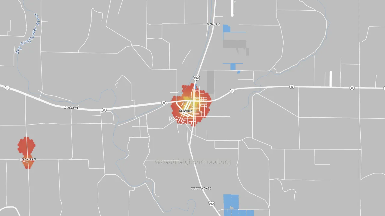Walk Grade map of Ruleville, MS, walkable areas in green and car-dependent areas in red