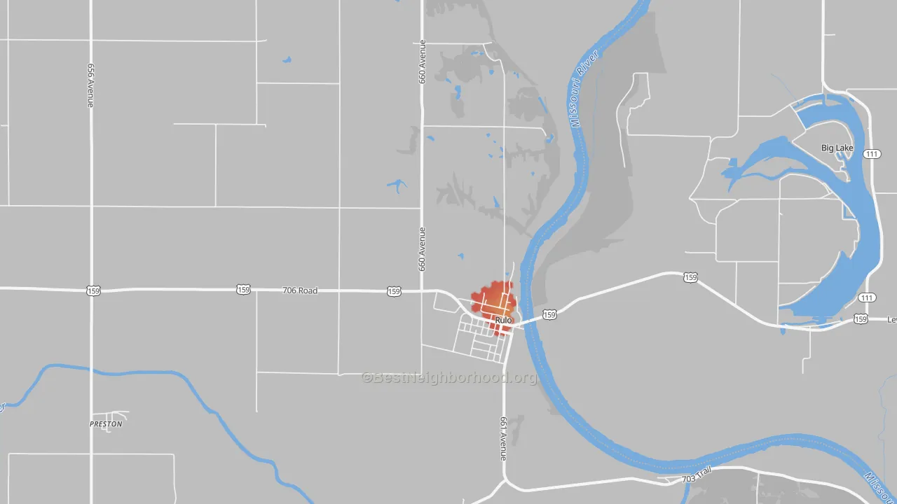 Walk Grade map of Rulo, NE, walkable areas in green and car-dependent areas in red