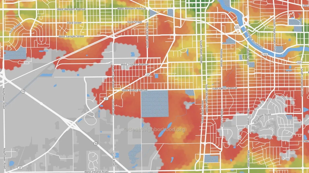Walk Grade map of Rum Village, South Bend, IN, walkable areas in green and car-dependent areas in red