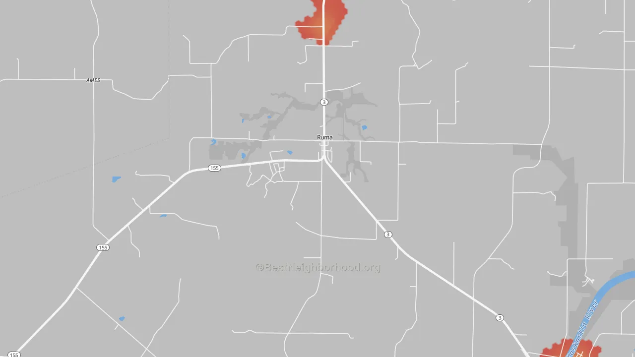Walk Grade map of Ruma, IL, walkable areas in green and car-dependent areas in red