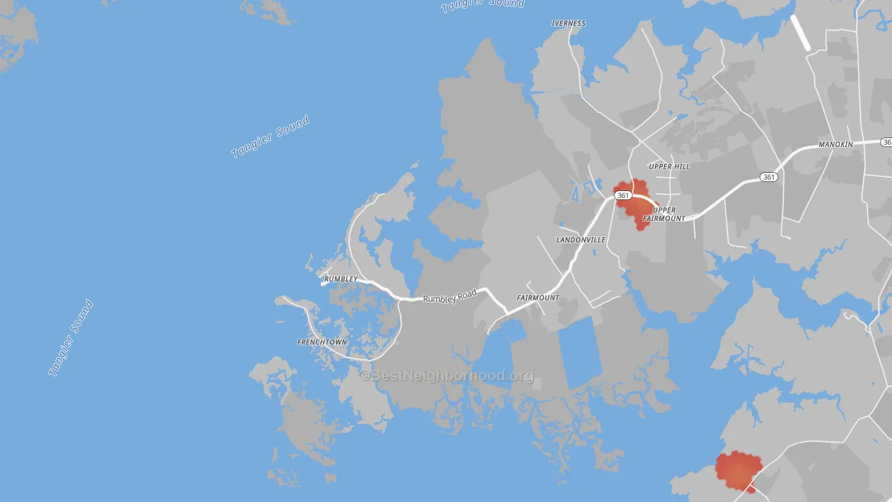 Walk Grade map of Rumbley, MD, walkable areas in green and car-dependent areas in red
