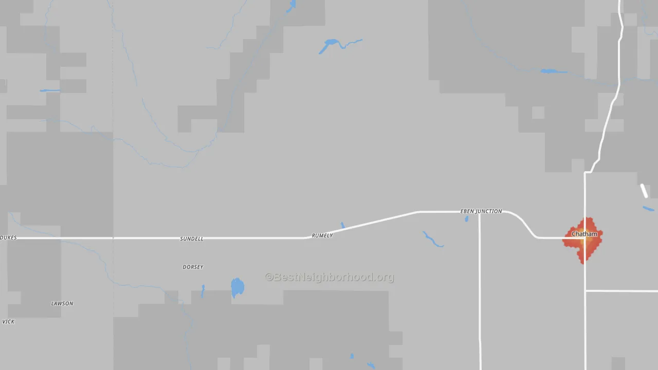 Walk Grade map of Rumely, MI, walkable areas in green and car-dependent areas in red