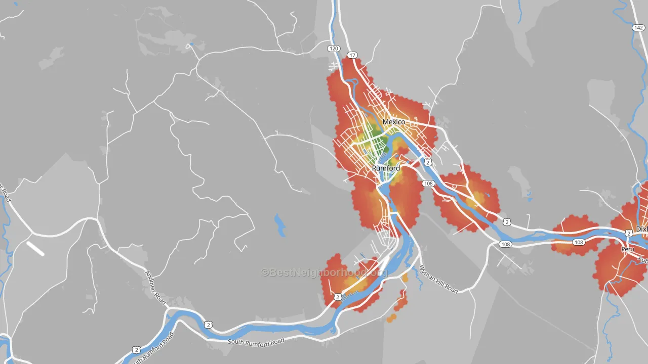 Walk Grade map of Rumford, ME, walkable areas in green and car-dependent areas in red