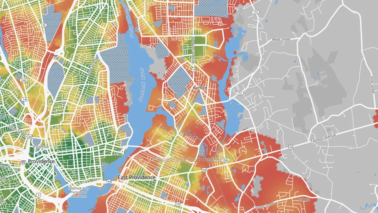 Walk Grade map of Rumford, RI, walkable areas in green and car-dependent areas in red