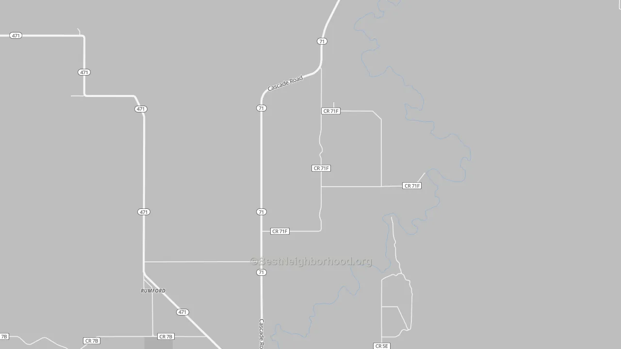 Walk Grade map of Rumford, SD, walkable areas in green and car-dependent areas in red