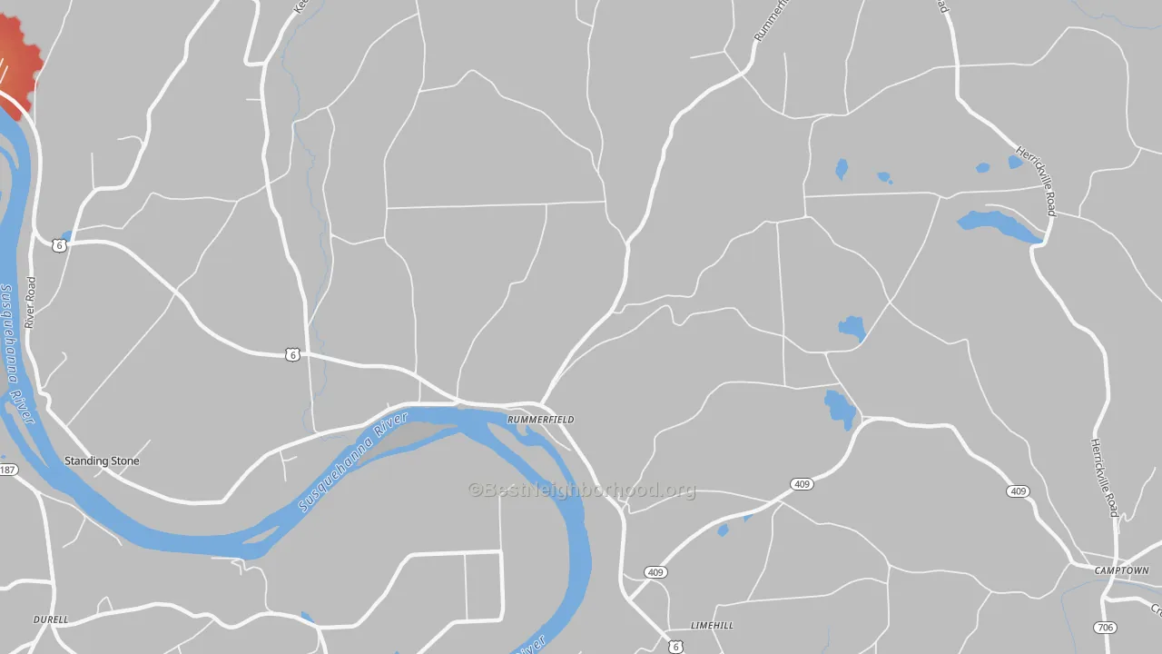 Walk Grade map of Rummerfield, PA, walkable areas in green and car-dependent areas in red