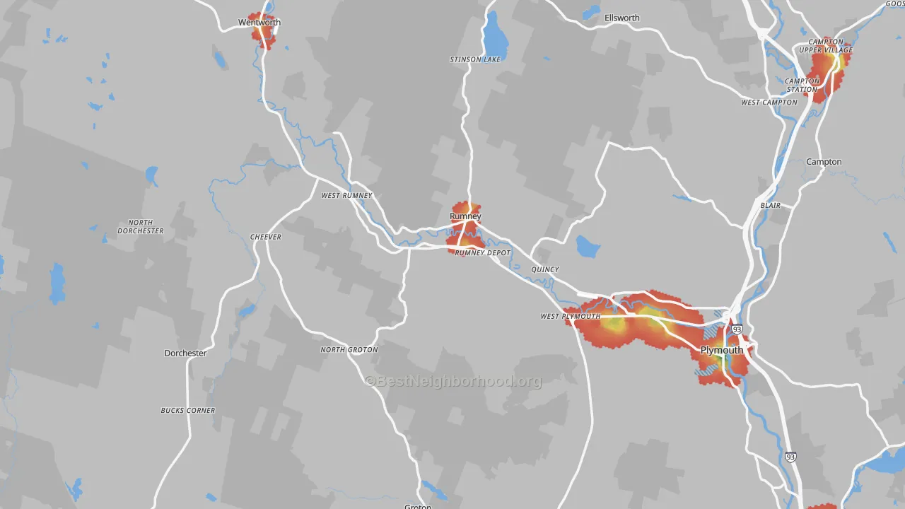 Walk Grade map of Rumney, NH, walkable areas in green and car-dependent areas in red