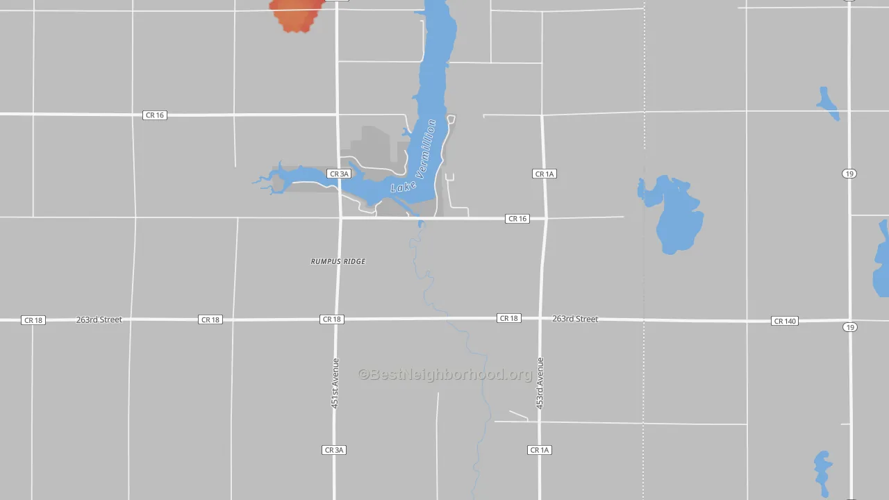 Walk Grade map of Rumpus Ridge, SD, walkable areas in green and car-dependent areas in red