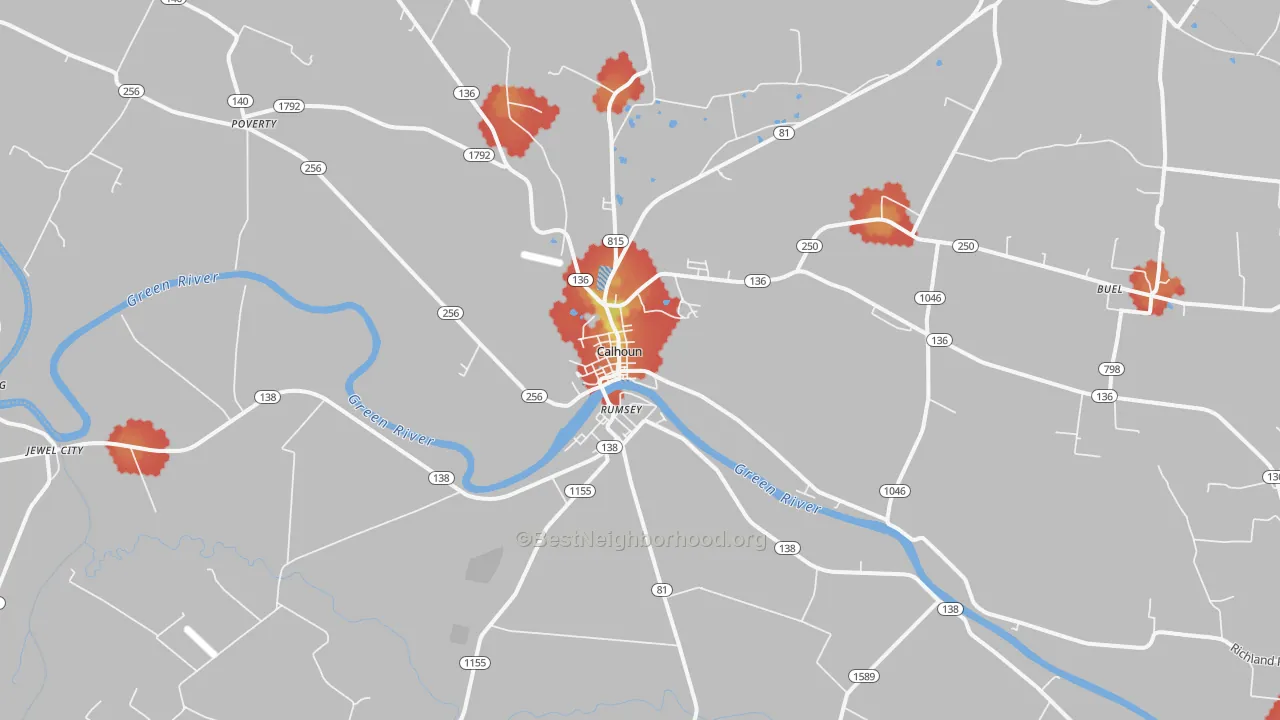 Walk Grade map of Rumsey, KY, walkable areas in green and car-dependent areas in red