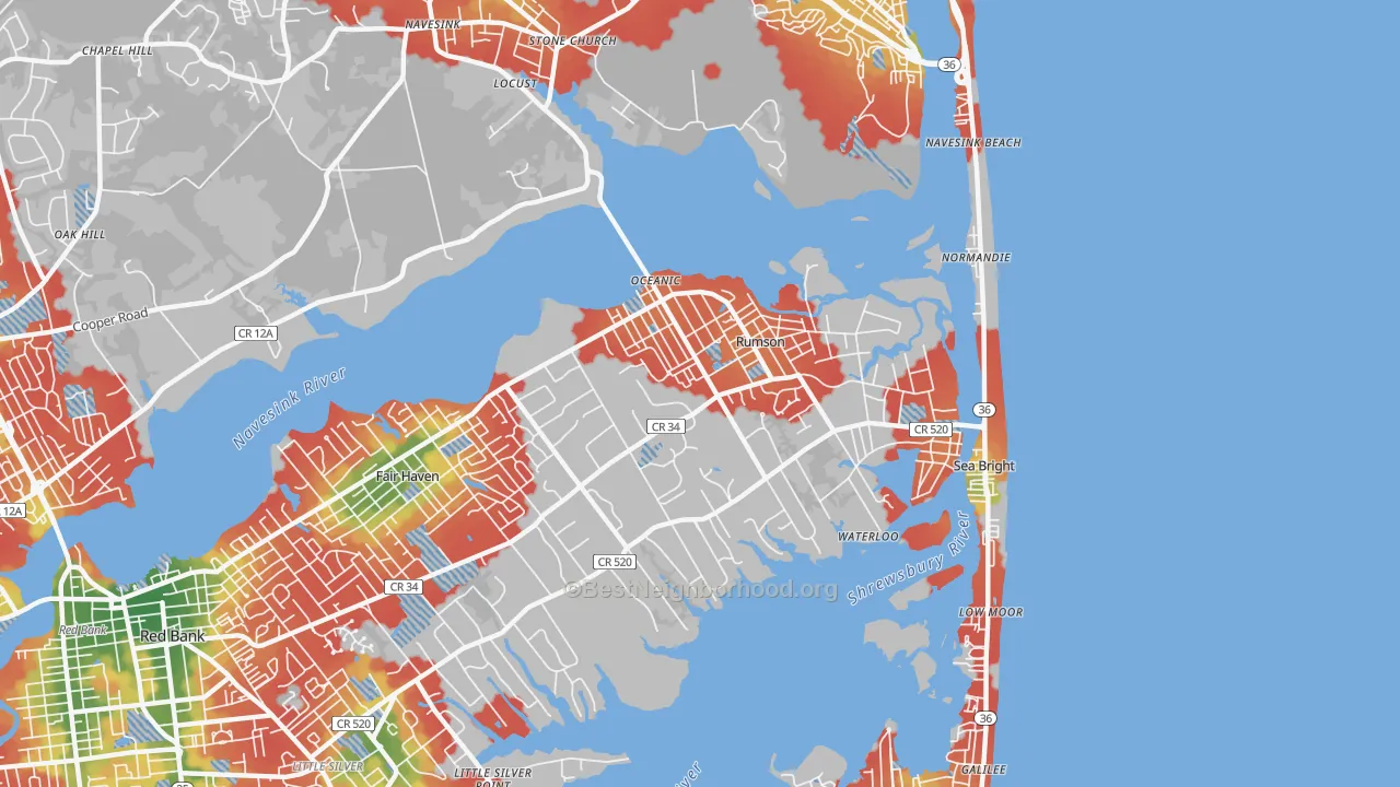 Walk Grade map of Rumson, NJ, walkable areas in green and car-dependent areas in red