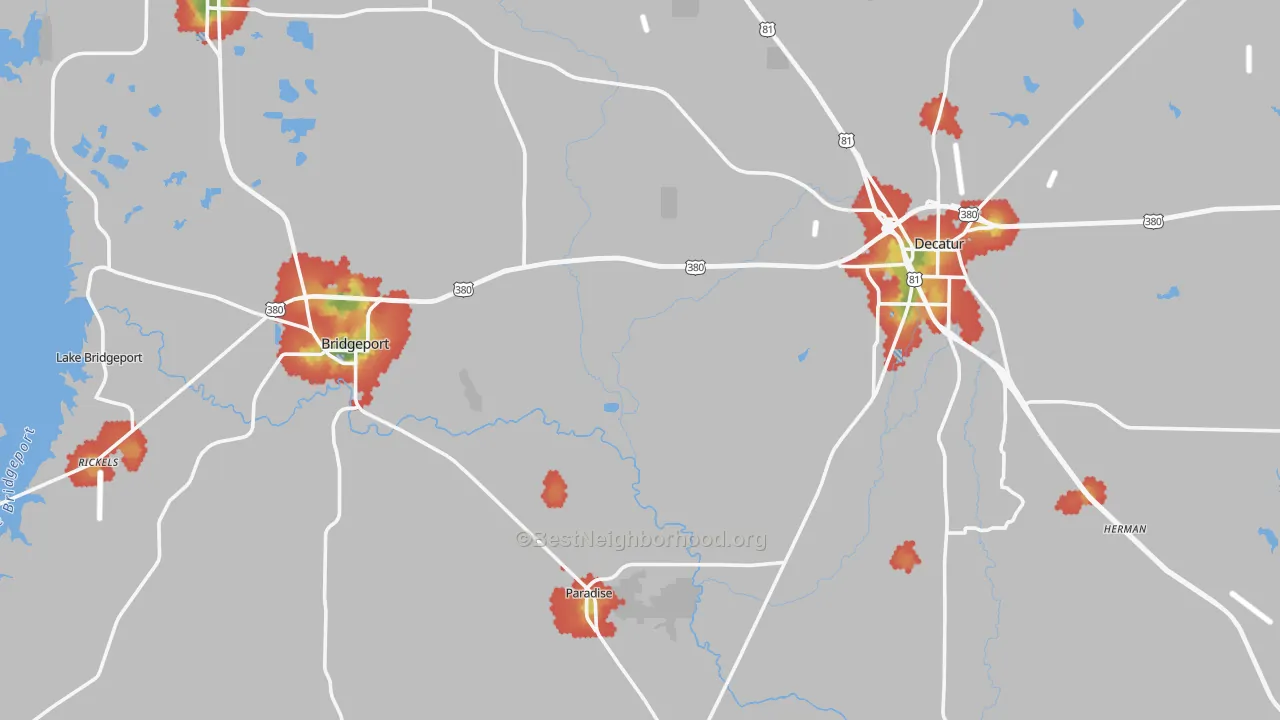 Walk Grade map of Runaway Bay, TX, walkable areas in green and car-dependent areas in red