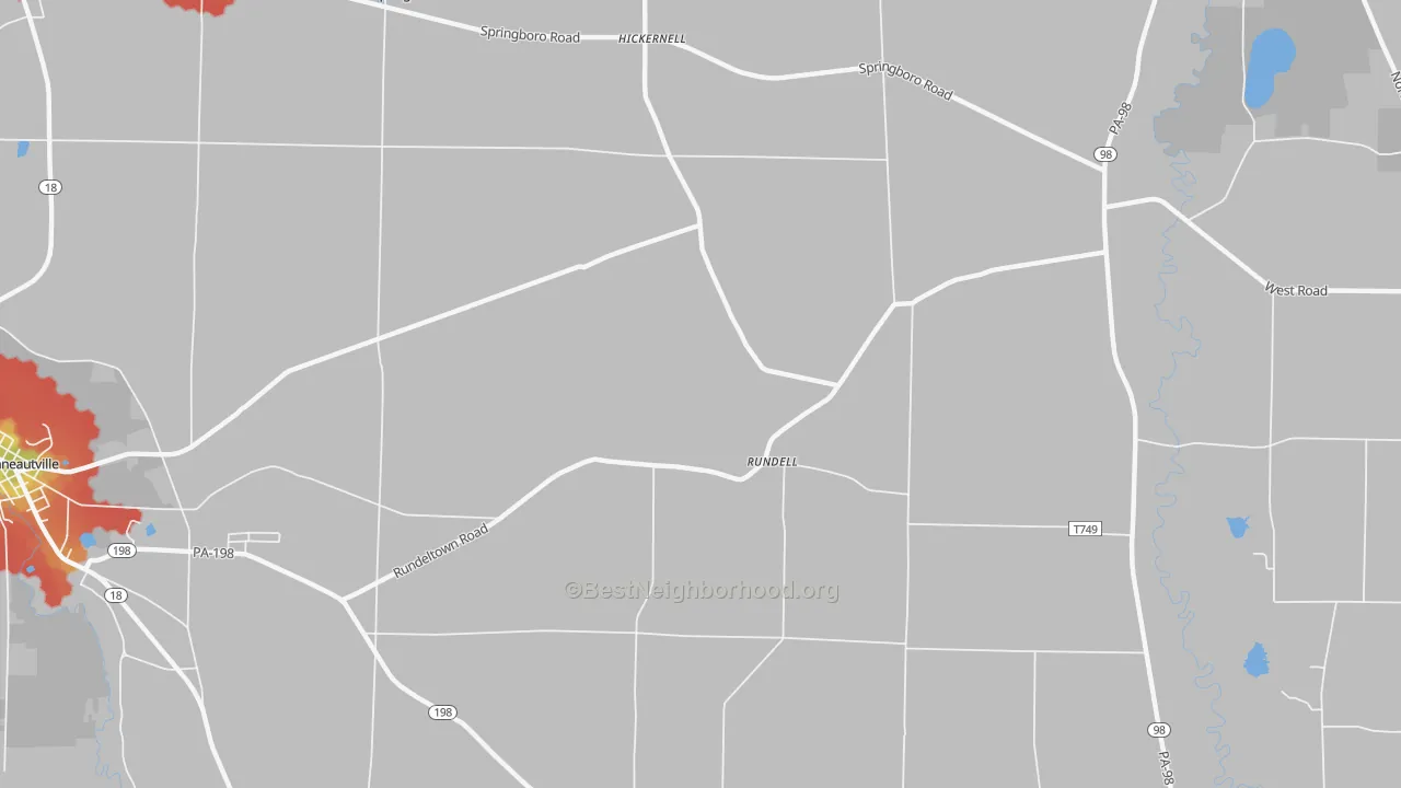 Walk Grade map of Rundell, PA, walkable areas in green and car-dependent areas in red