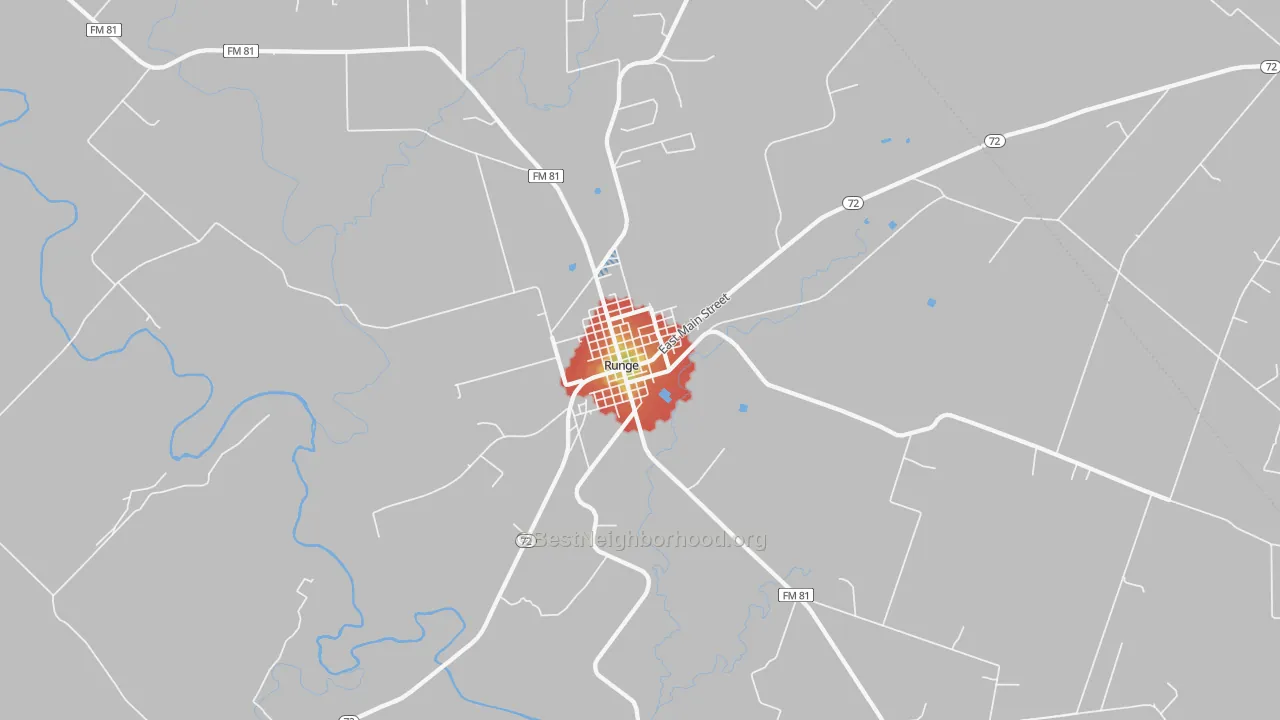 Walk Grade map of Runge, TX, walkable areas in green and car-dependent areas in red