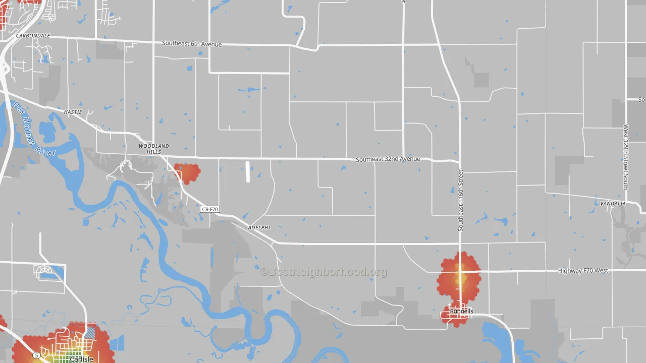 Walk Grade map of Runnells, IA, walkable areas in green and car-dependent areas in red