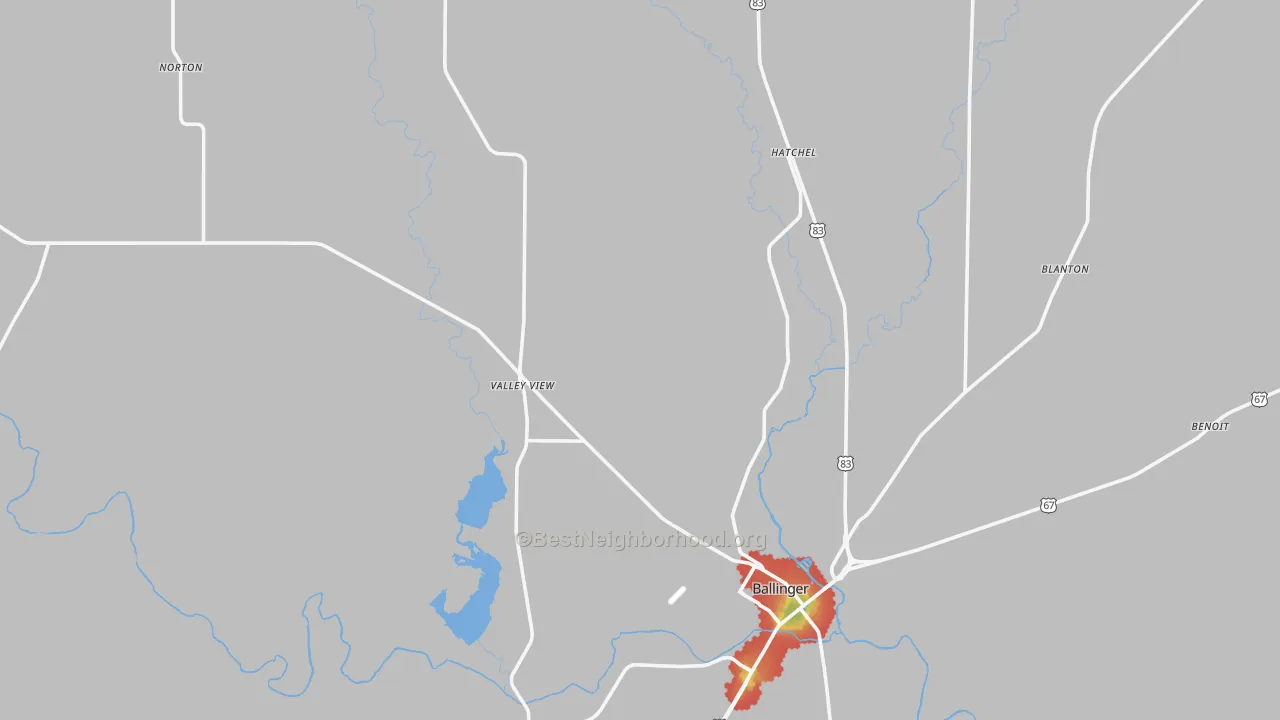 Walk Grade map of Runnels County, TX, walkable areas in green and car-dependent areas in red