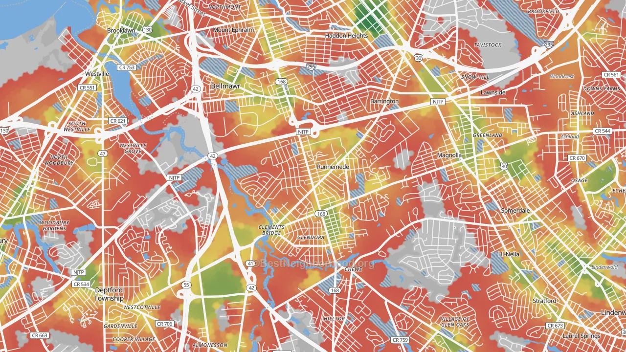 Walk Grade map of Runnemede, NJ, walkable areas in green and car-dependent areas in red