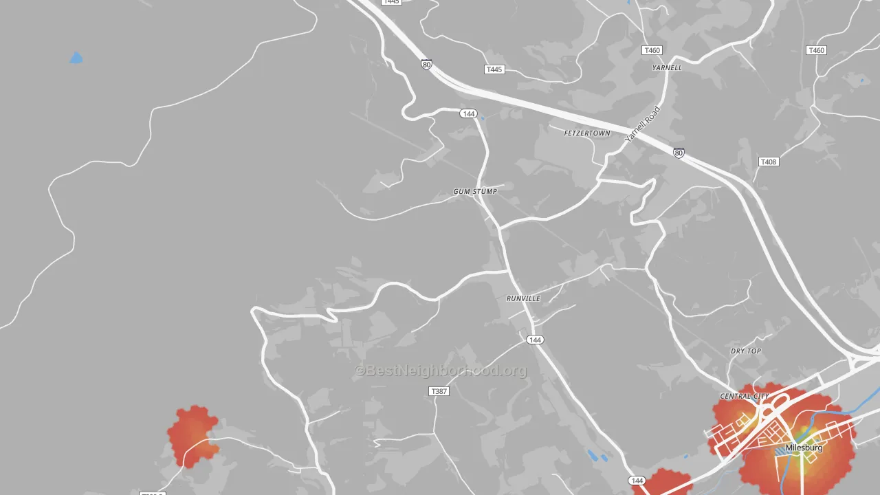 Walk Grade map of Runville, PA, walkable areas in green and car-dependent areas in red