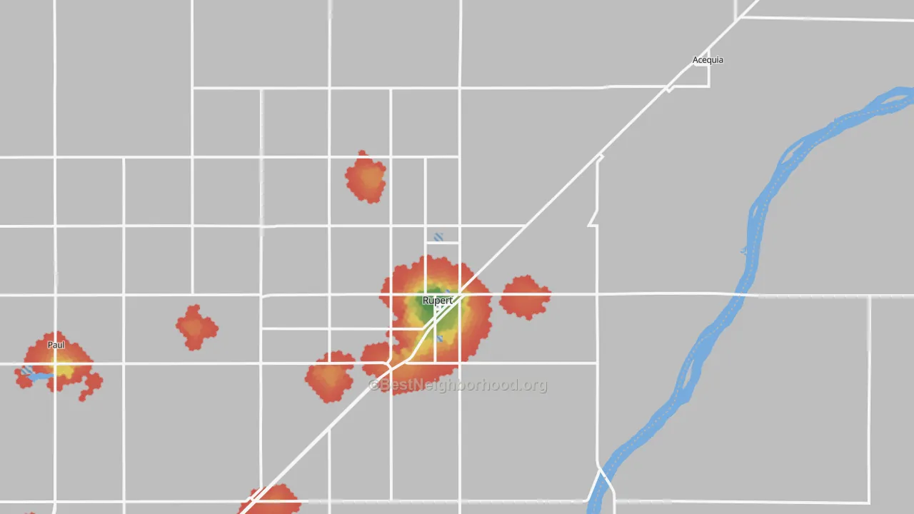 Walk Grade map of Rupert, ID, walkable areas in green and car-dependent areas in red