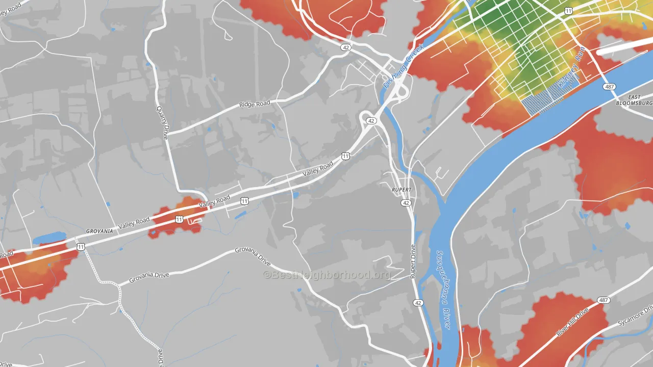 Walk Grade map of Rupert, PA, walkable areas in green and car-dependent areas in red
