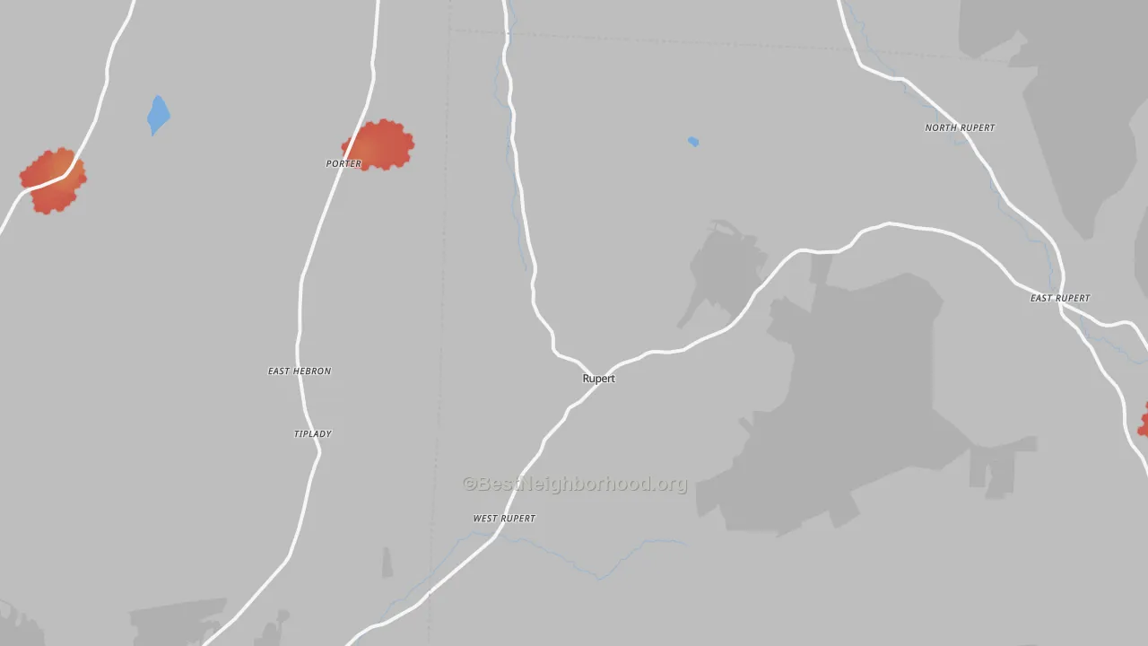 Walk Grade map of Rupert, VT, walkable areas in green and car-dependent areas in red